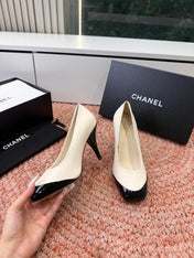 CHANEL 26S SQUARE TOE HIGH HEELS IN WHITE LAMBSKIN WITH BLACK TOE