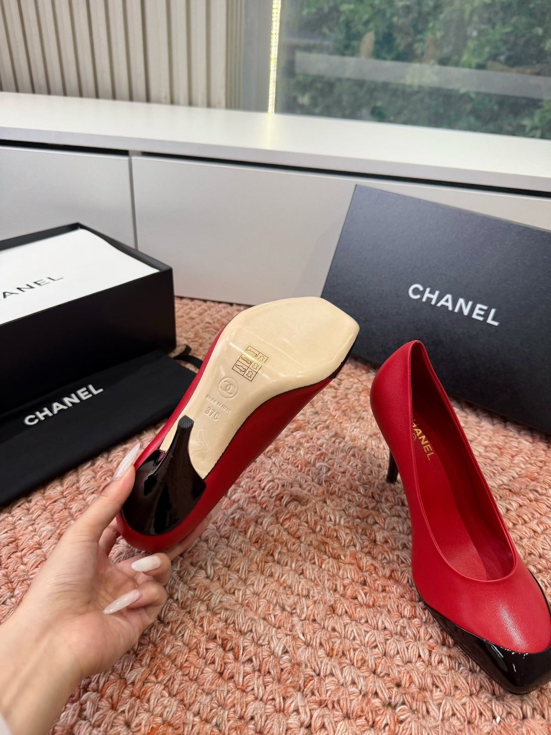 CHANEL 26S SQUARE TOE HIGH HEELS IN RED LAMBSKIN WITH BLACK TOE