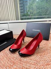 CHANEL 26S SQUARE TOE HIGH HEELS IN RED LAMBSKIN WITH BLACK TOE