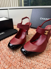 CHANEL 26S SQUARE TOE HIGH HEELS SLINGBACKS IN RED LAMBSKIN WITH BLACK TOE