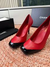 CHANEL 26S SQUARE TOE HIGH HEELS IN RED LAMBSKIN WITH BLACK TOE