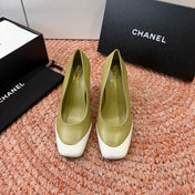 CHANEL 26S SQUARE TOE HIGH HEELS IN OLIVE GREEN LAMBSKIN WITH WHITE TOE