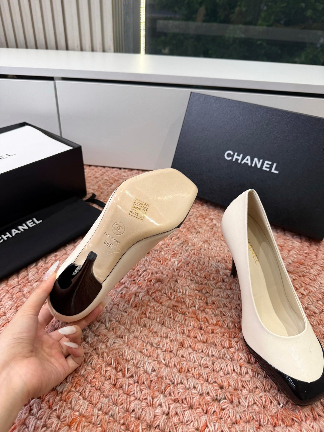 CHANEL 26S SQUARE TOE HIGH HEELS IN WHITE LAMBSKIN WITH BLACK TOE