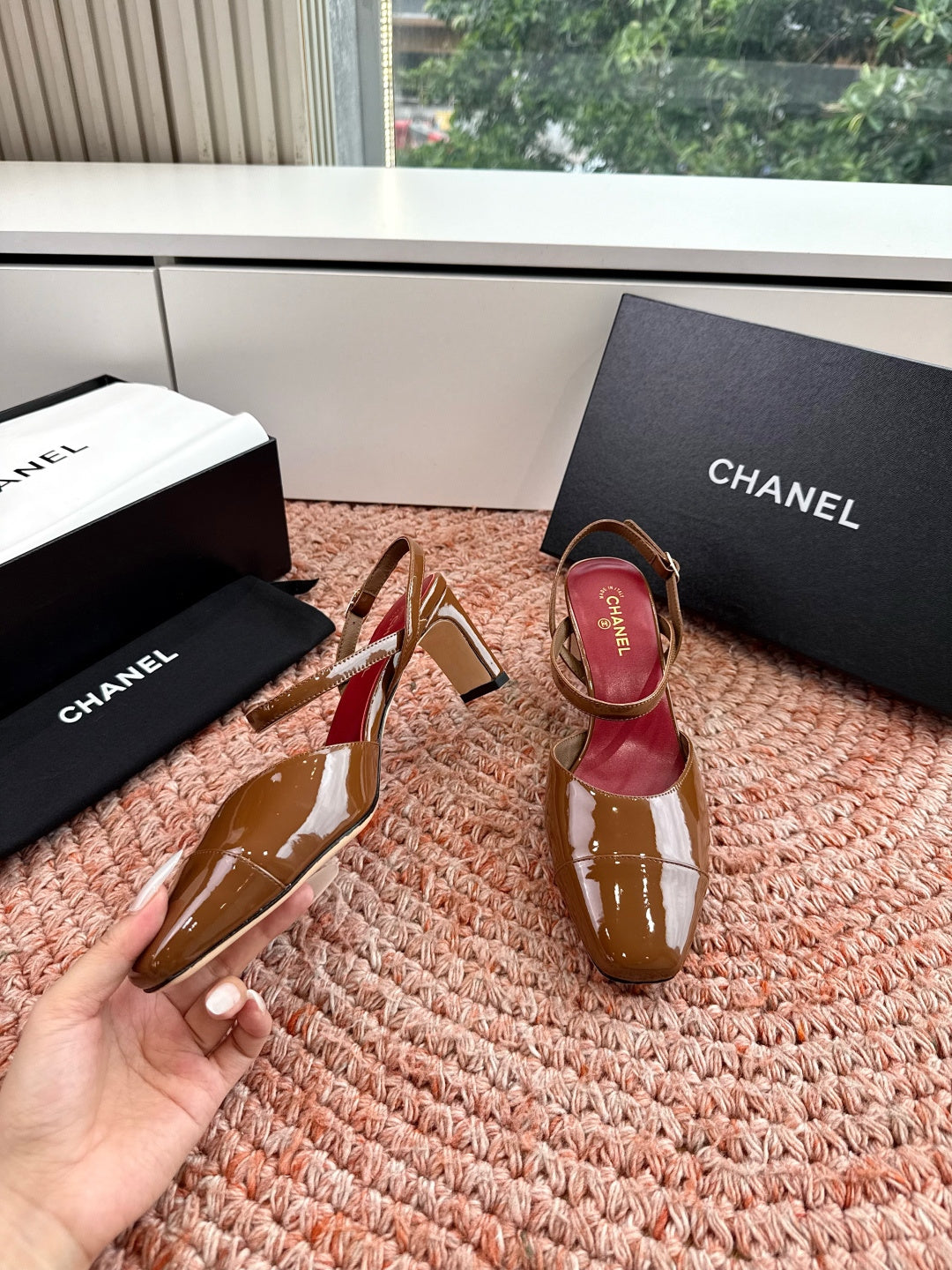 CHANEL 26S SQUARE TOE HIGH HEELS SLINGBACKS IN BROWN CALFSKIN
