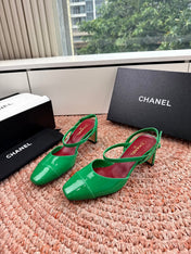 CHANEL 26S SQUARE TOE HIGH HEELS SLINGBACKS IN GREEN CALFSKIN