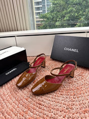 CHANEL 26S SQUARE TOE HIGH HEELS SLINGBACKS IN BROWN CALFSKIN