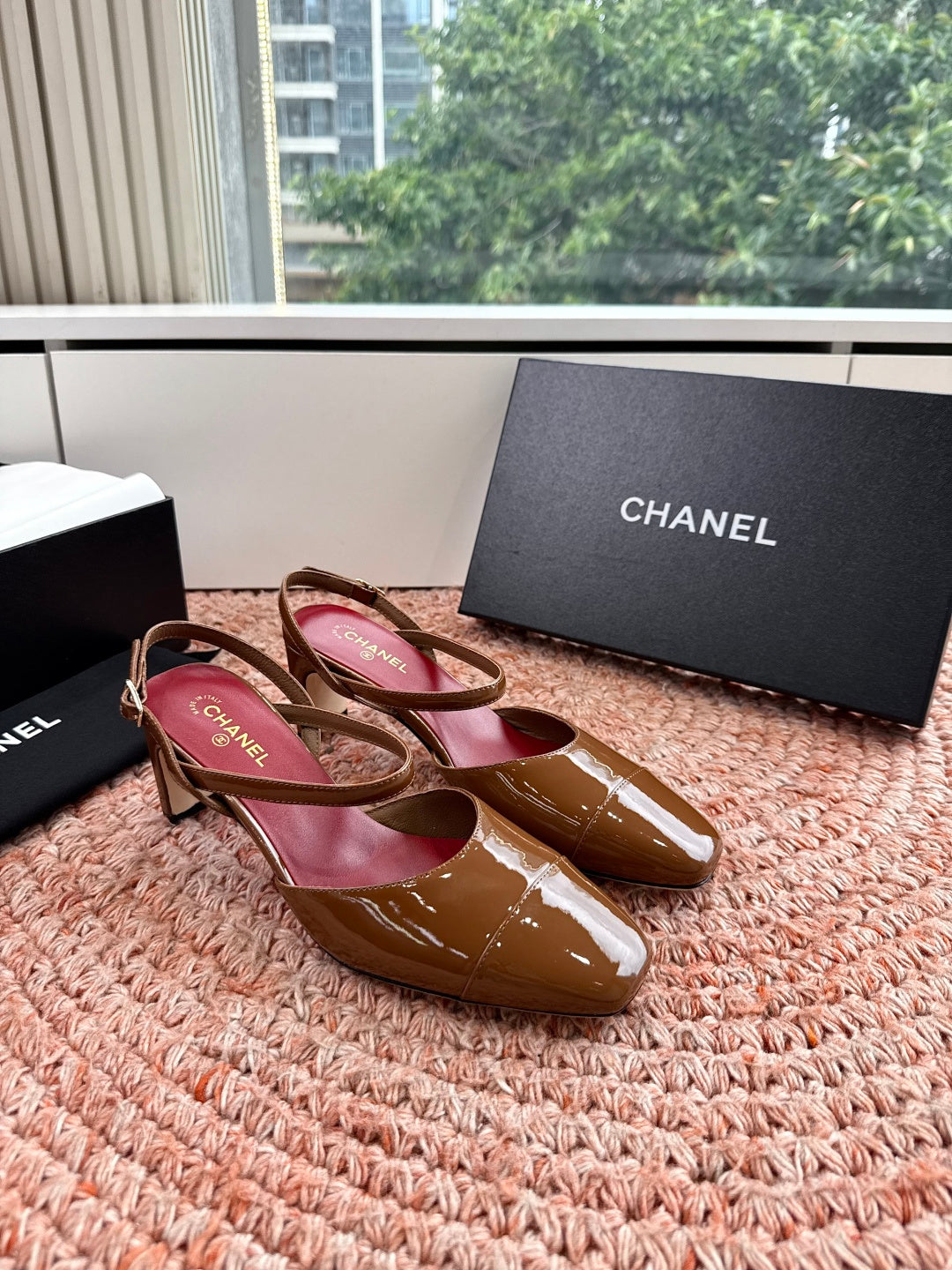 CHANEL 26S SQUARE TOE HIGH HEELS SLINGBACKS IN BROWN CALFSKIN