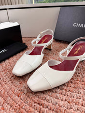 CHANEL 26S SQUARE TOE HIGH HEELS SLINGBACKS IN WHITE CALFSKIN