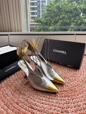 CHANEL 26S POINTED TOE HIGH HEEL SLINGBACKS IN GOLD AND SILVER LAMBSKIN WITH FLORAL APPLIQUE