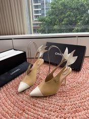 CHANEL 26S POINTED TOE HIGH HEEL SLINGBACKS IN BEIGE AND WHITE LAMBSKIN WITH FLORAL APPLIQUE