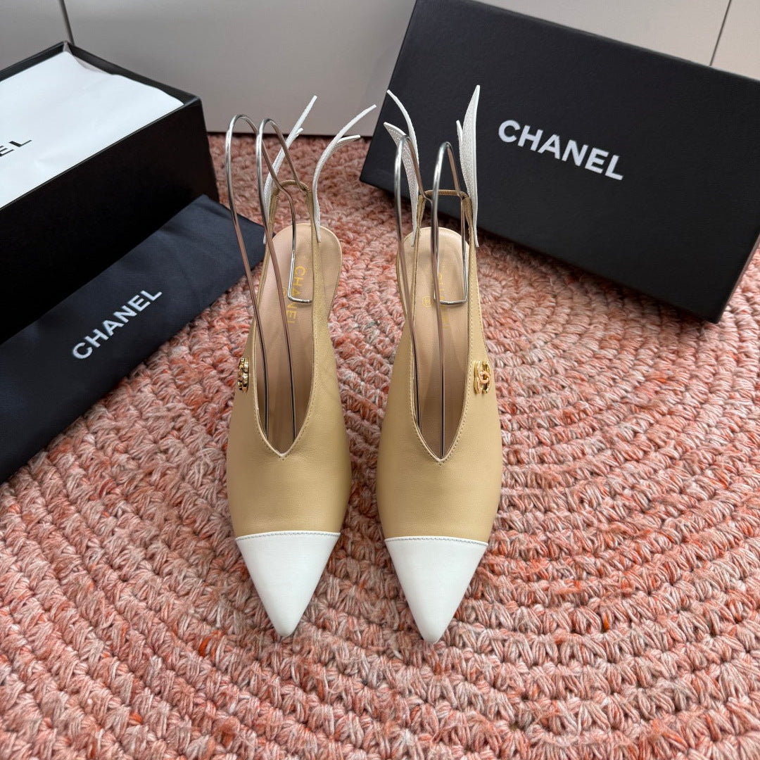 CHANEL 26S POINTED TOE HIGH HEEL SLINGBACKS IN BEIGE AND WHITE LAMBSKIN WITH FLORAL APPLIQUE