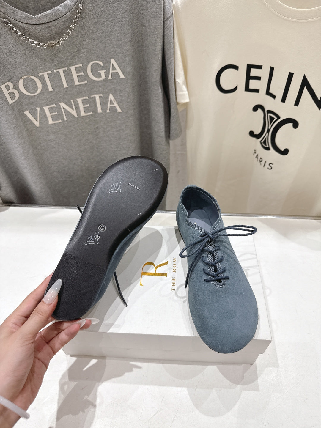 THE ROW 26S MINIMAL LACE-UP SHOES IN SLATE BLUE SUEDE