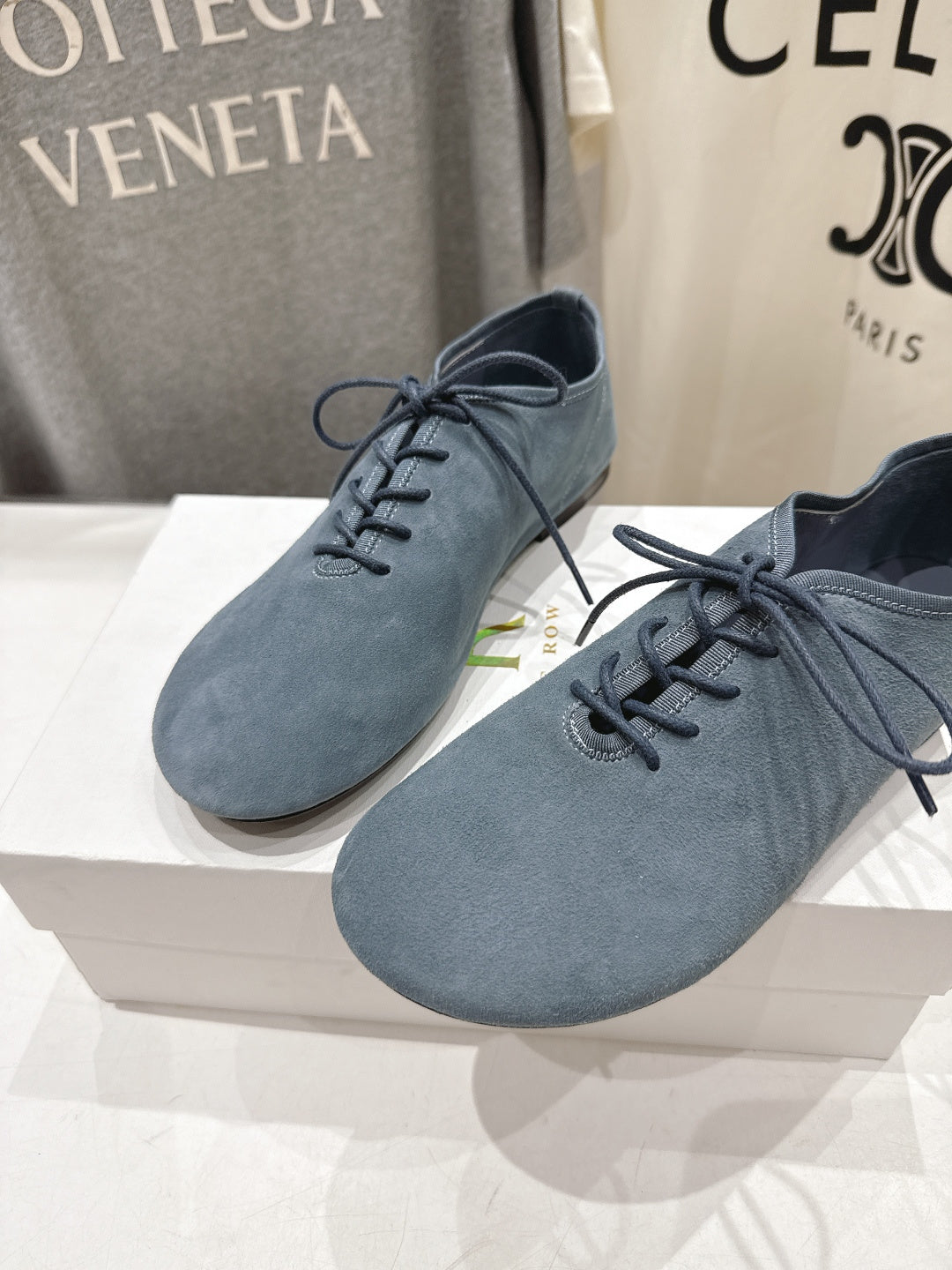 THE ROW 26S MINIMAL LACE-UP SHOES IN SLATE BLUE SUEDE