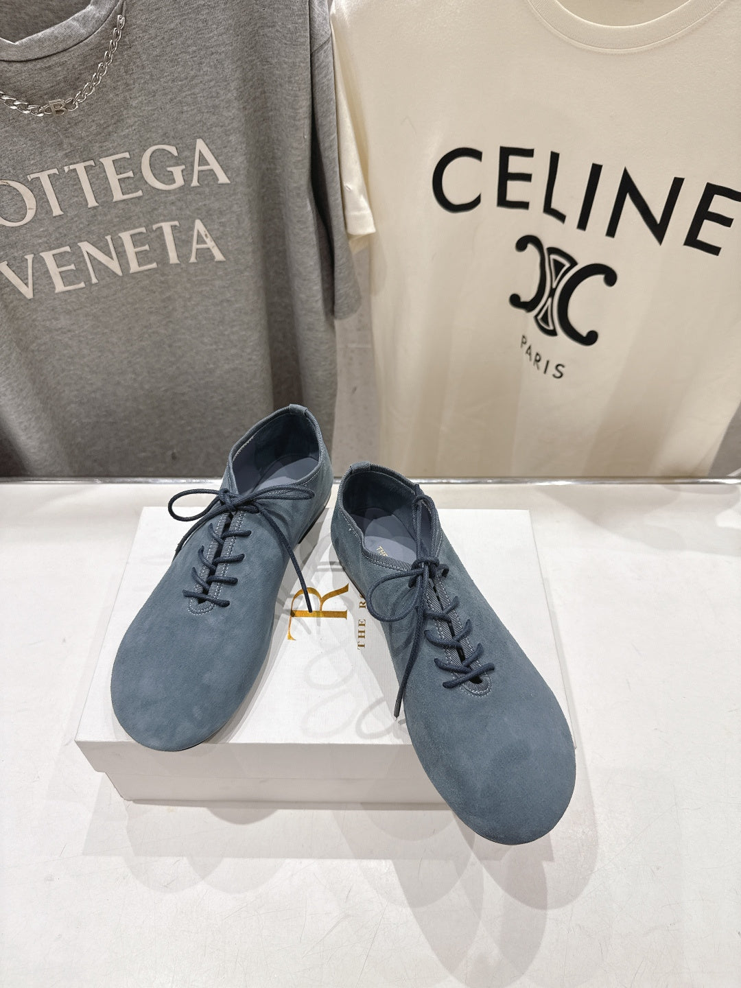 THE ROW 26S MINIMAL LACE-UP SHOES IN SLATE BLUE SUEDE