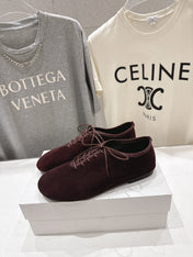 THE ROW 26S MINIMAL LACE-UP SHOES IN DARK BROWN SUEDE