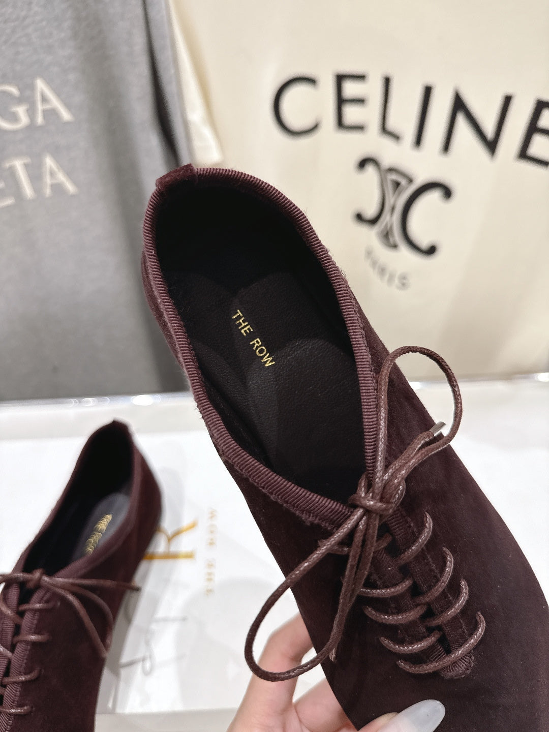 THE ROW 26S MINIMAL LACE-UP SHOES IN DARK BROWN SUEDE