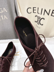 THE ROW 26S MINIMAL LACE-UP SHOES IN DARK BROWN SUEDE