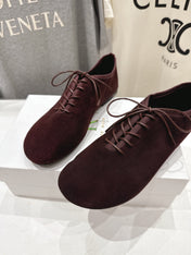 THE ROW 26S MINIMAL LACE-UP SHOES IN DARK BROWN SUEDE