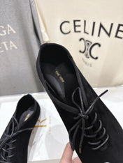 THE ROW 26S MINIMAL LACE-UP SHOES IN BLACK SUEDE