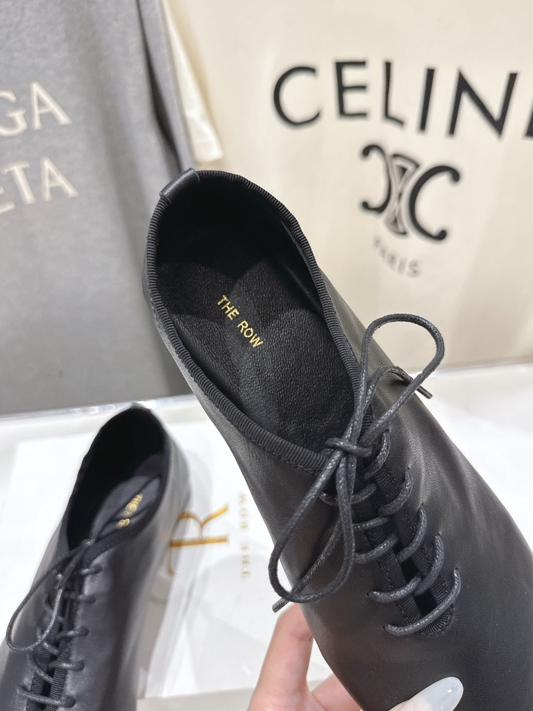 THE ROW 26S MINIMAL LACE-UP SHOES IN BLACK CALFSKIN
