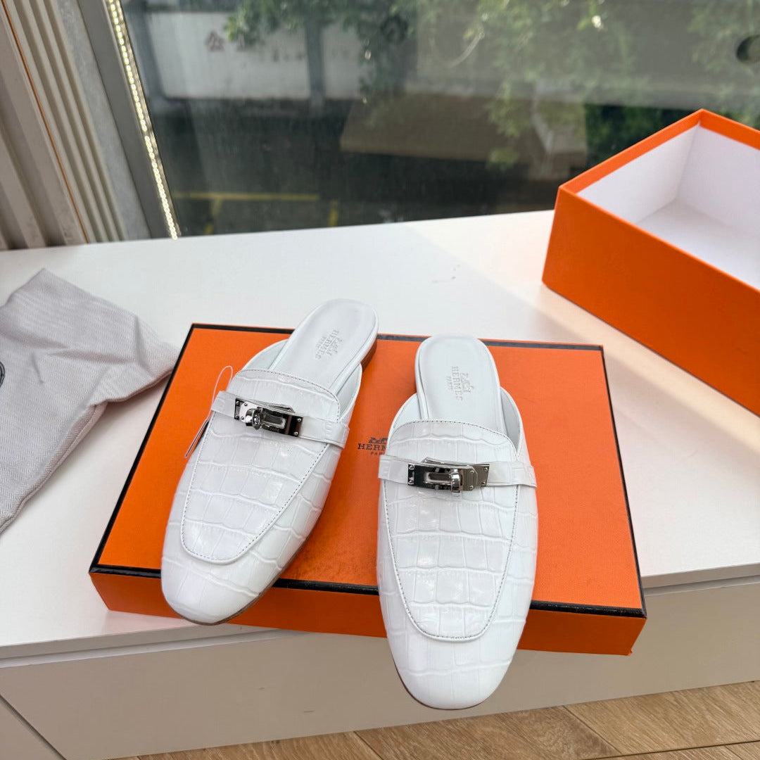 HM 26S DESTIN MULES IN WHITE CROCODILE-EFFECT LEATHER