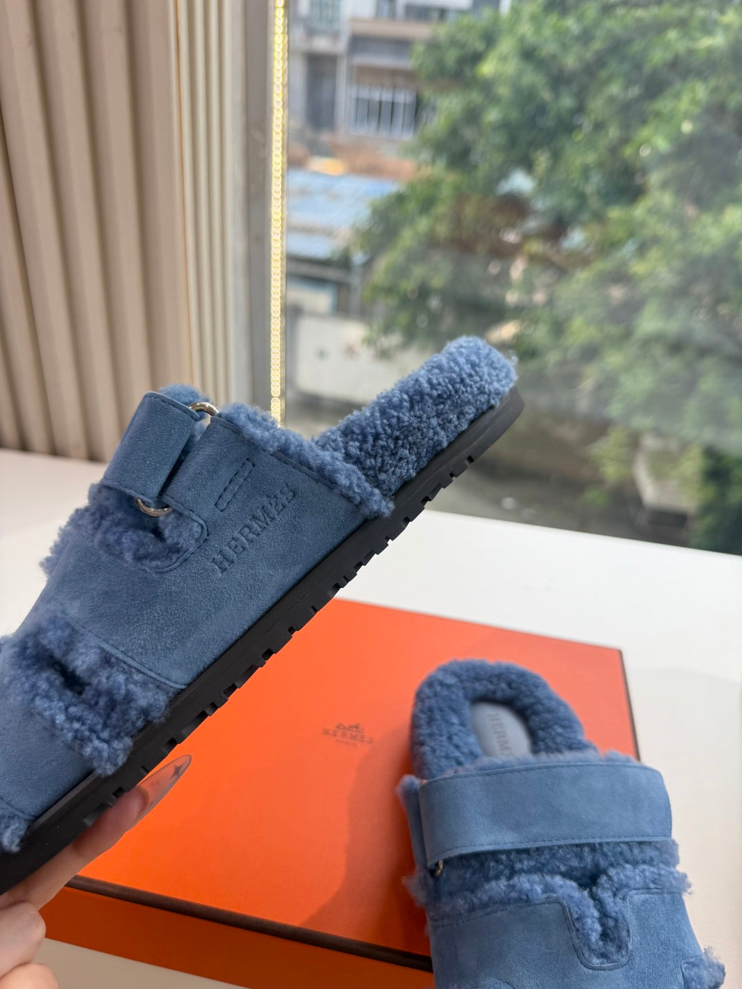 HM 26S SANDAL IN NAVY BLUE WOOL AND BLACK SUEDE