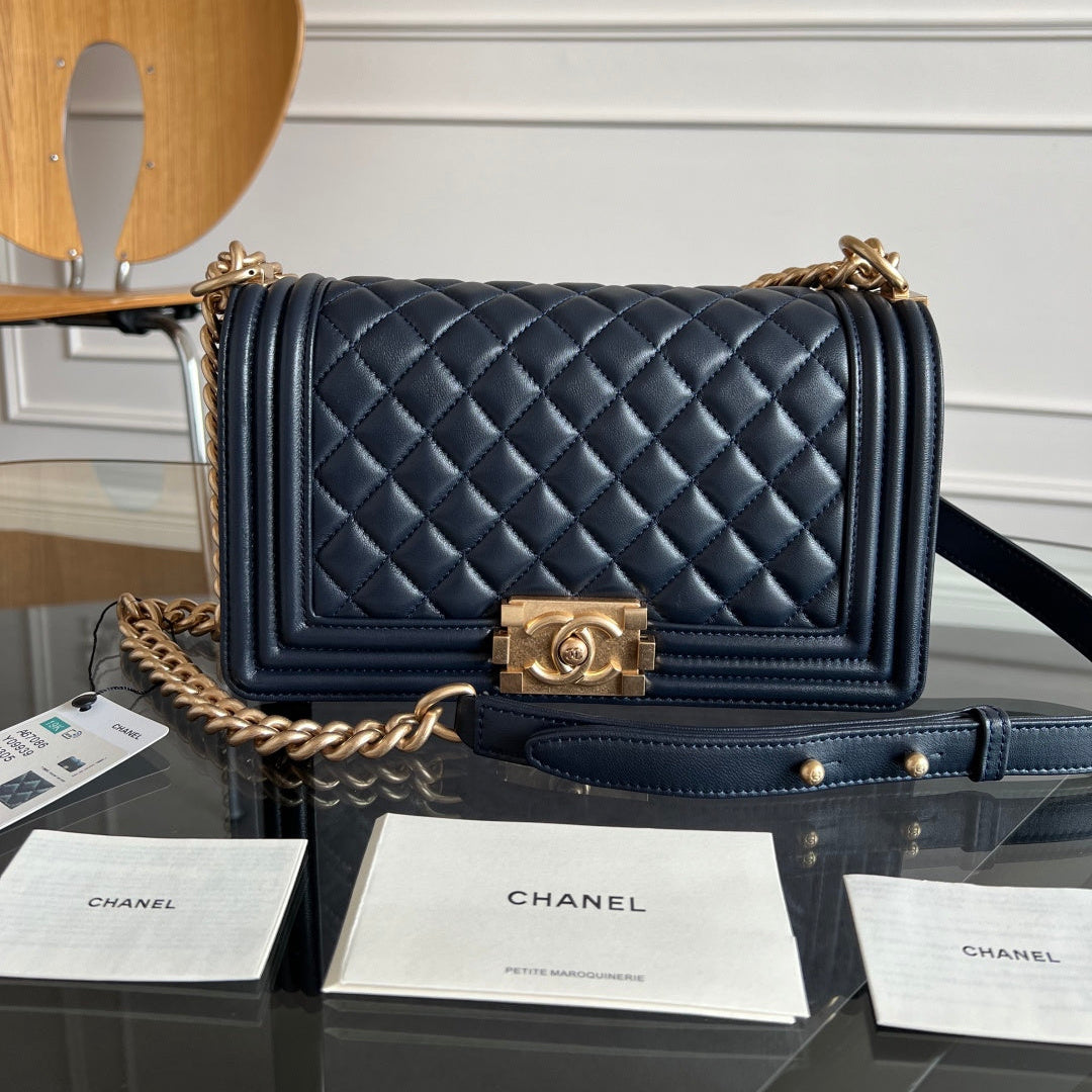 CHANEL 25S BOY BAG 25 IN DARK NAVY BLUE LAMBSKIN