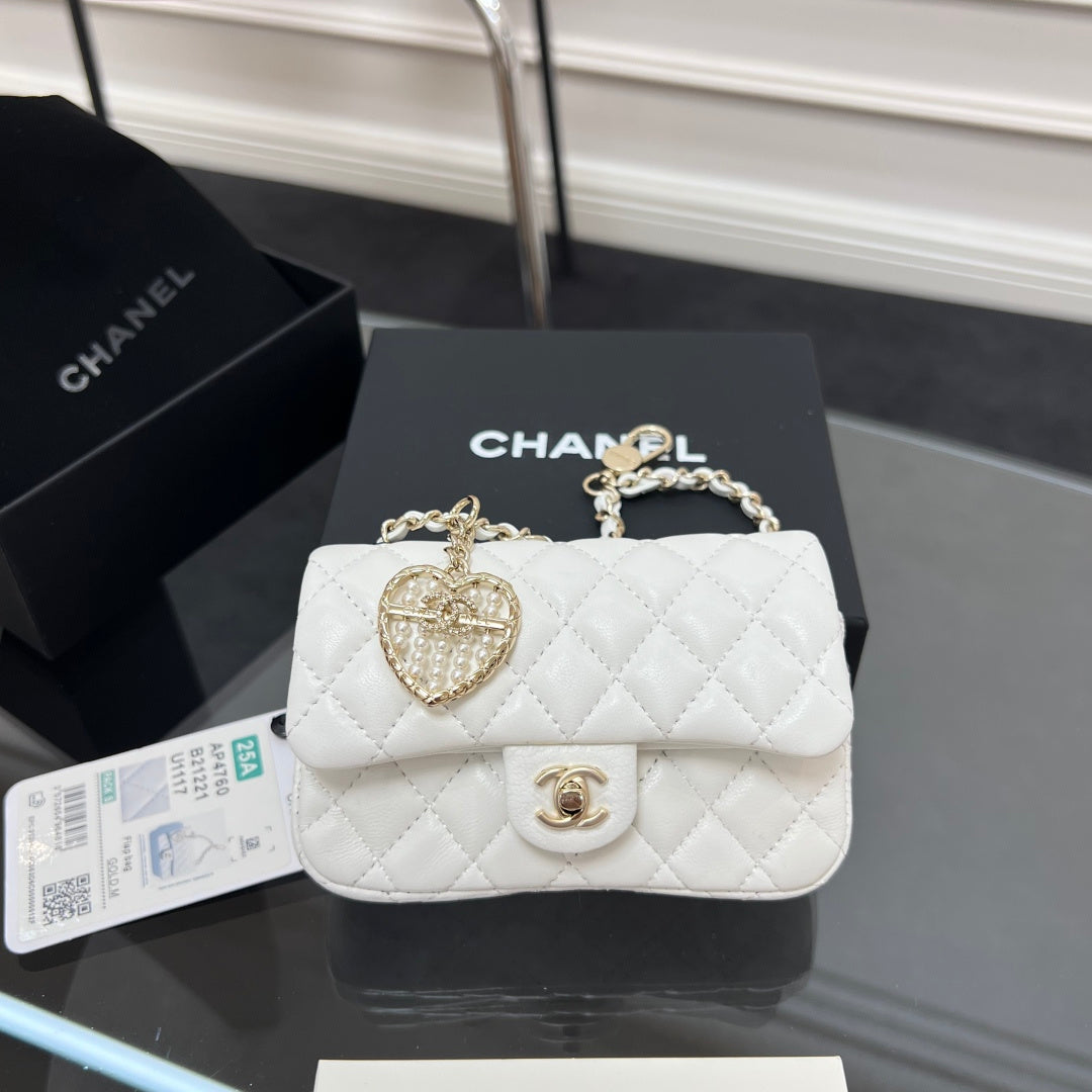 CHANEL 25S FLAP CHARM BAG 13 IN WHITE LAMBSKIN