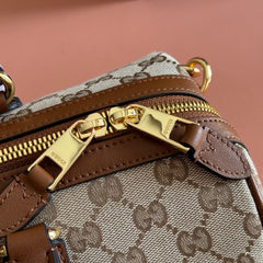 GUCCI 26S OPHIDIA MEDIUM BOSTON BAG 30 IN WARM BEIGE AND BROWN CANVAS