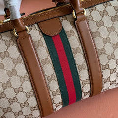 GUCCI 26S OPHIDIA MEDIUM BOSTON BAG 30 IN WARM BEIGE AND BROWN CANVAS