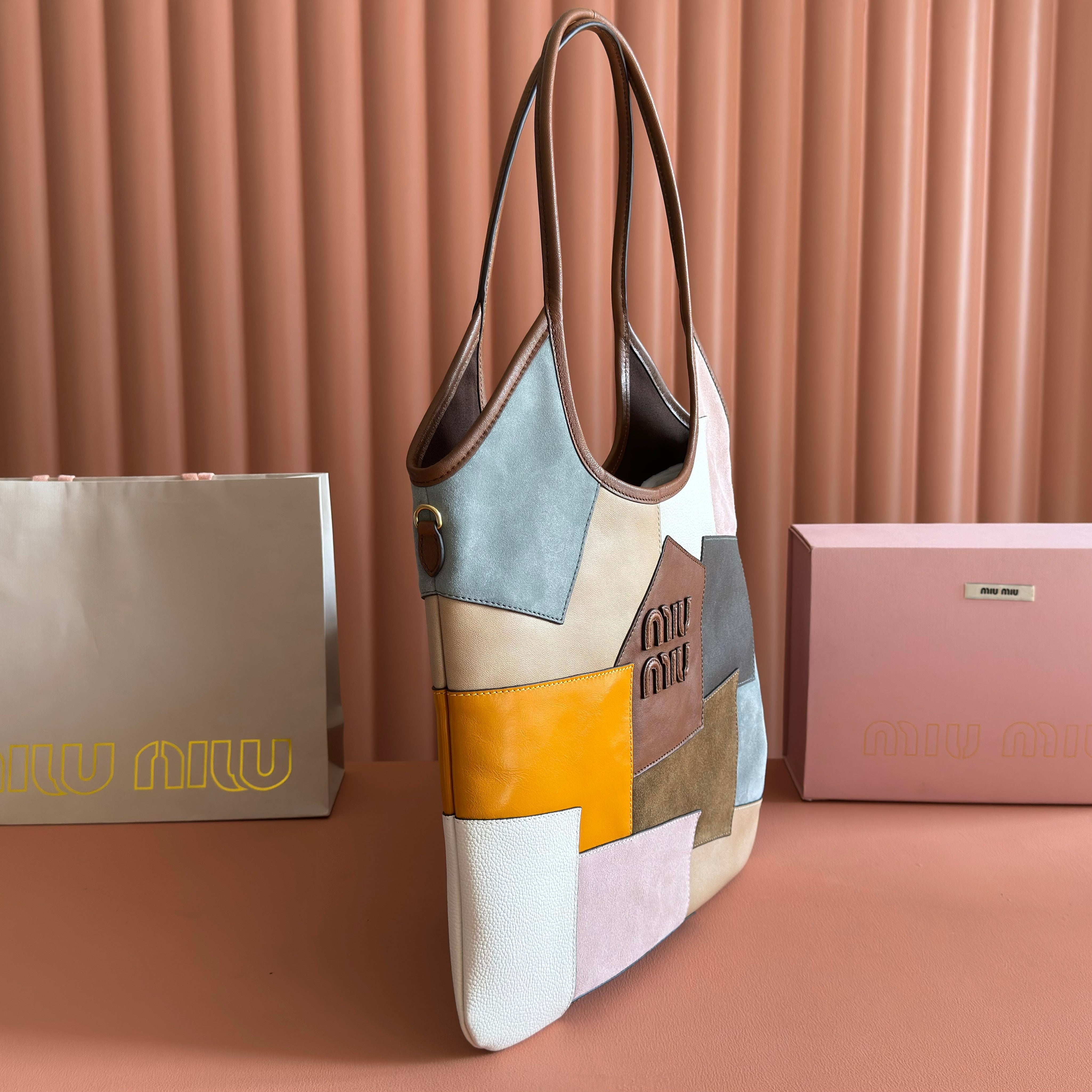 MIUMIU 26S IVY TOTE BAG 60 IN  COGNAC CALFSKIN PATCHWORK GOLD HARDWARE