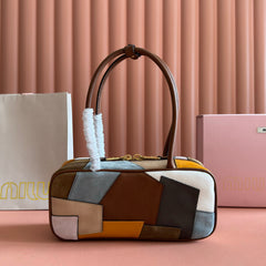 MIUMIU 26S BEAU TOP HANDLE BAG 28 IN COGNAC LEATHER PATCHWORK GOLD HARDWARE