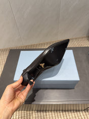 PRADA 26S POINTED TOE PUMPS 55MM IN BLACK SHEEPSKIN WITH LOGO