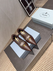 PRADA 26S POINTED TOE PUMPS 55MM IN DARK BROWN SHEEPSKIN WITH LOGO