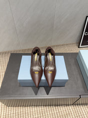 PRADA 26S POINTED TOE PUMPS 55MM IN DARK BROWN SHEEPSKIN WITH LOGO