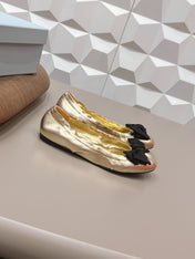 PRADA 26S ROUND TOE FLATS WITH BOW IN GOLD CALFSKIN