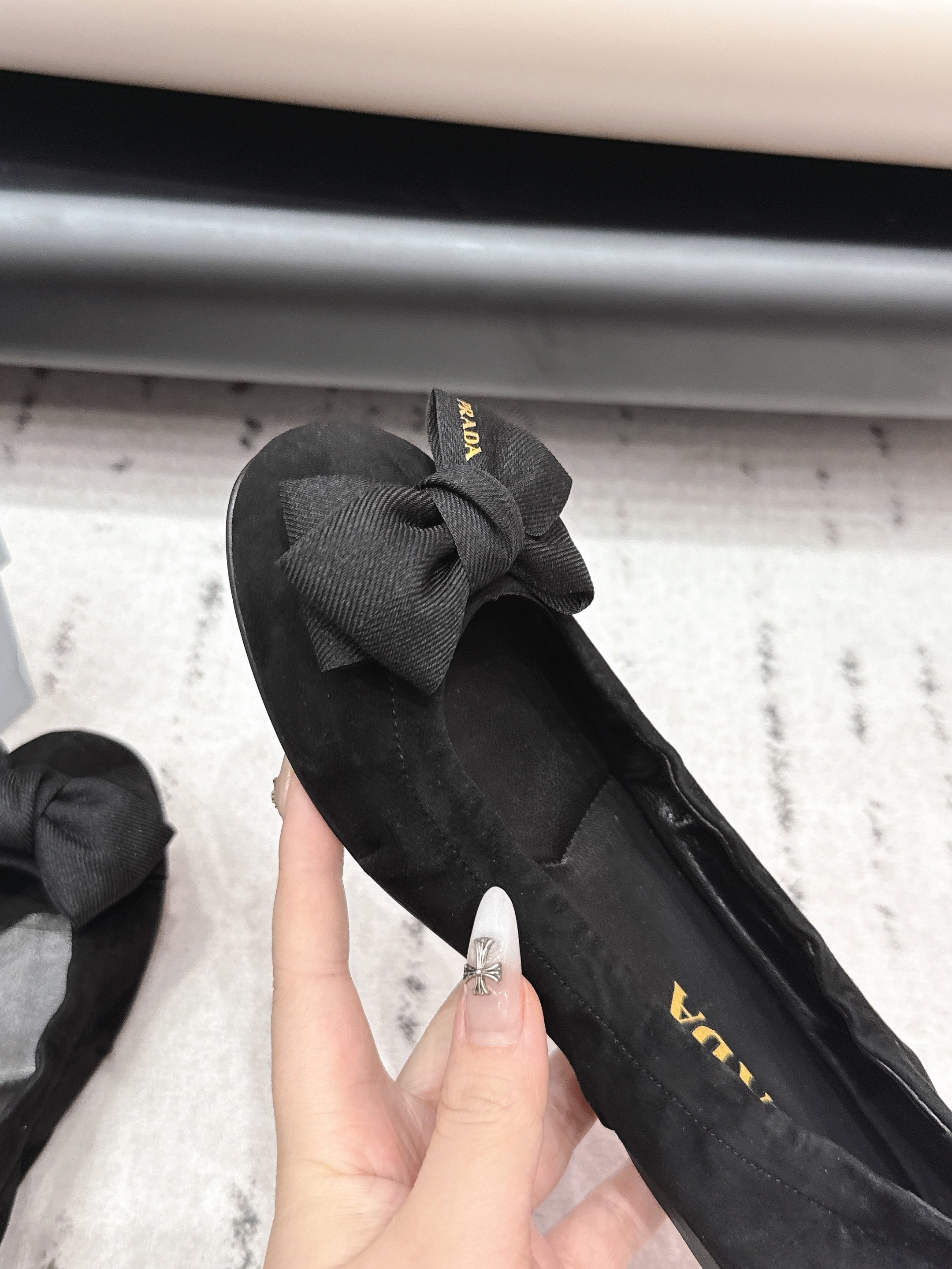 PRADA 26S ROUND TOE FLATS WITH BOW IN BLACK SUEDE