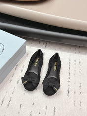 PRADA 26S ROUND TOE FLATS WITH BOW IN BLACK SUEDE