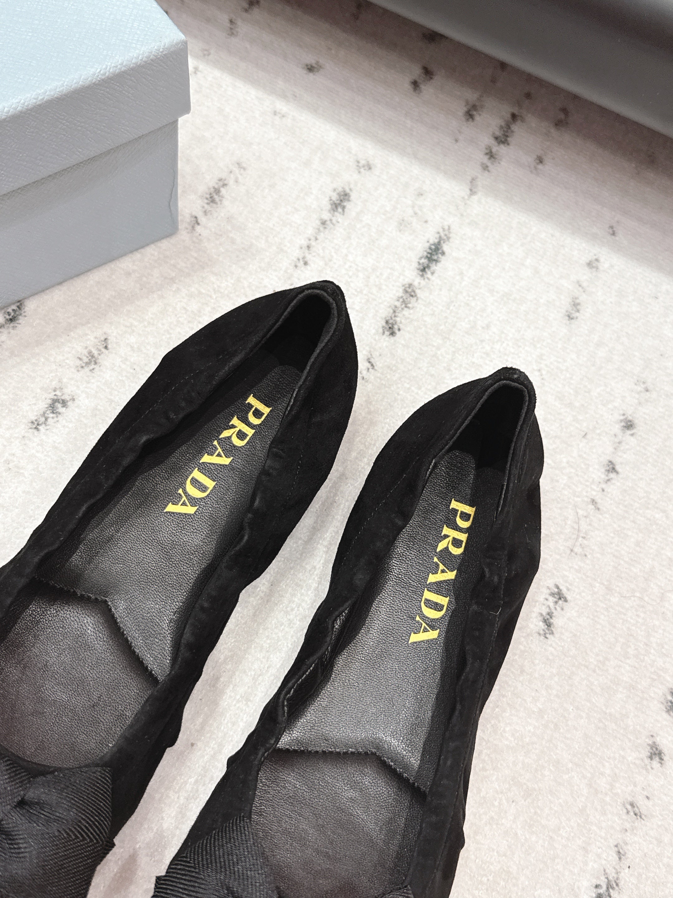 PRADA 26S ROUND TOE FLATS WITH BOW IN BLACK SUEDE