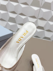PRADA 26S POINTED TOE LACE TRIM MULES 55MM IN CREAM WHITE CALFSKIN WITH BOW