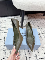 PRADA 26S POINTED-TOE HIGH HEELS 75MM IN OLIVE BROWN CALFSKIN