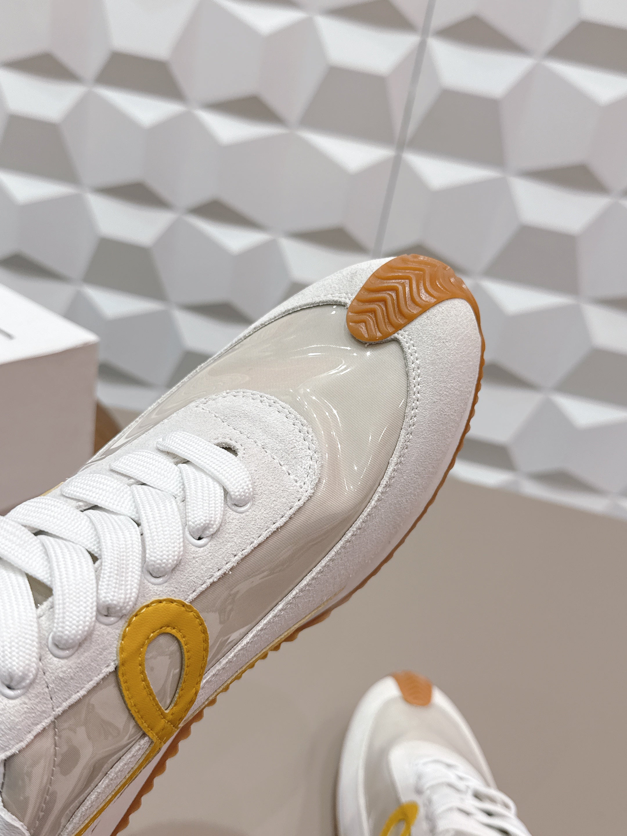 LOEWE 26S FLOW RUNNER SNEAKER IN WHITE YELLOW SUEDE AND CLEAR PLASTIC AND CALFSKIN