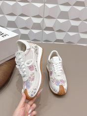 LOEWE 26S FLOW RUNNER SNEAKER IN WHITE FLORAL PATTERN SUEDE AND CALFSKIN