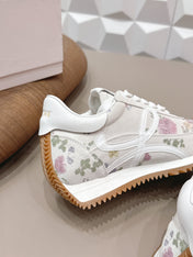 LOEWE 26S FLOW RUNNER SNEAKER IN WHITE FLORAL PATTERN SUEDE AND CALFSKIN