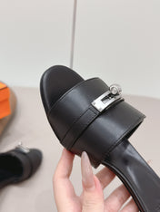 HM 26S KELLY HEEL SANDAL 50MM IN BLACK CALFSKIN SILVER HARDWARE
