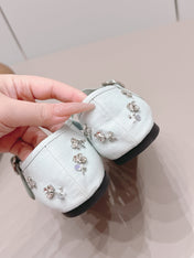 MIUMIU 26S MARY JANE BALLET FLATS IN WHITE FABRIC CRYSTAL EMBELLISHED