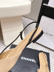 CHANEL 26S SLINGBACK FLATS IN BEIGE CALFSKIN WITH BLACK TRIM