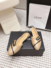 CHANEL 26S SLINGBACK FLATS IN BEIGE CALFSKIN WITH BLACK TRIM