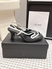 CHANEL 26S HIGH-HEEL SLINGBACKS IN BLACK CALFSKIN WITH WHITE TRIM