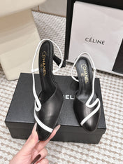 CHANEL 26S HIGH-HEEL SLINGBACKS IN BLACK CALFSKIN WITH WHITE TRIM